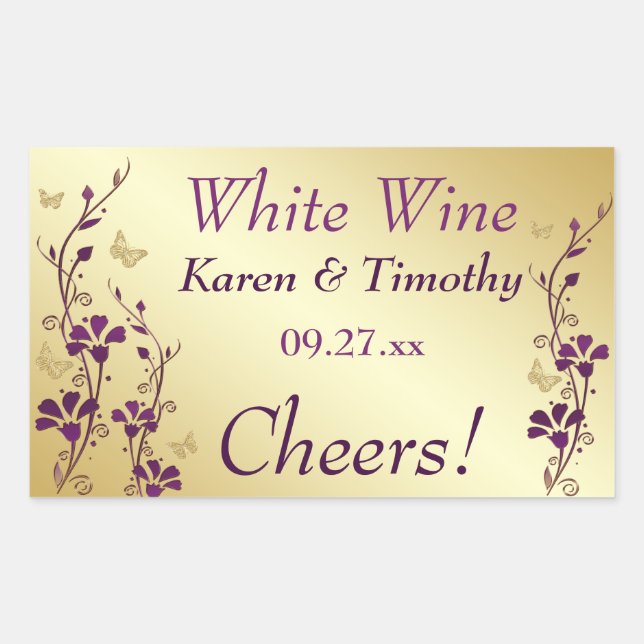 Purple, Gold Butterfly Floral Wine Label Sticker 2 (Front)