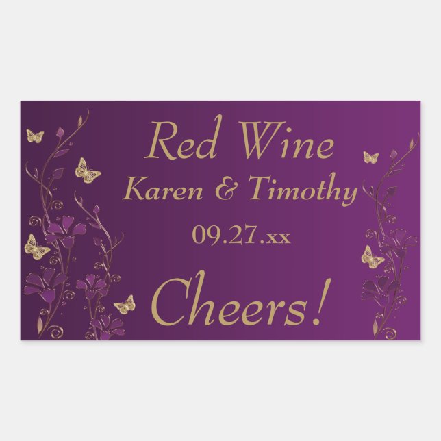 Purple, Gold Butterfly Floral Wine Label Sticker 2 (Front)