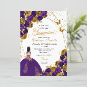 Purple & Gold Butterfly Princess Quinceanera Invitation