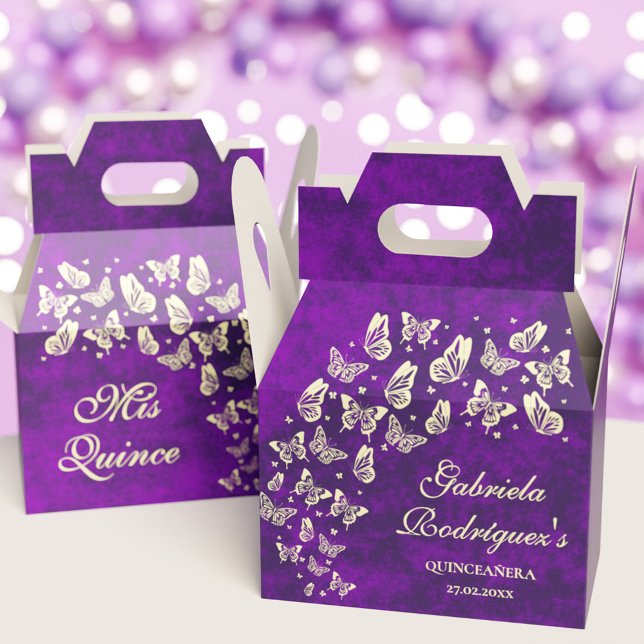Purple Gold Butterfly Quinceañera 15th Birthday Favour Box (Purple Gold Butterfly Quinceañera 15th Birthday Favor Boxes)