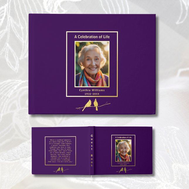 Purple Gold Cardinals Real Foil Funeral GuestBook  (Creator Uploaded)