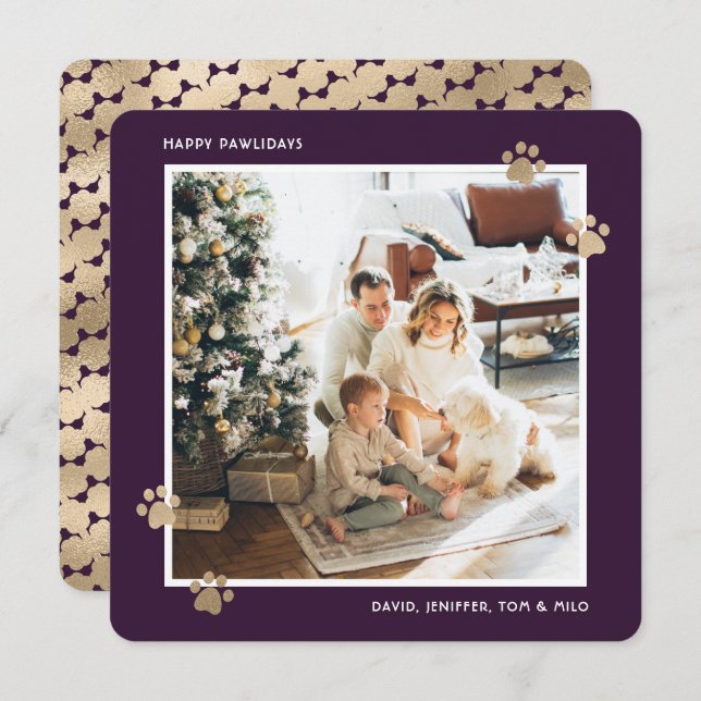 Purple Gold Cat Dog Owner Photo Happy Pawlidays Holiday Card (Front/Back)
