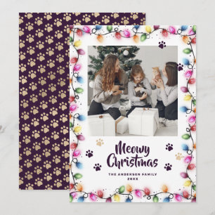 Purple Gold Cat Paws Colourful Photo Meowy Holiday Card