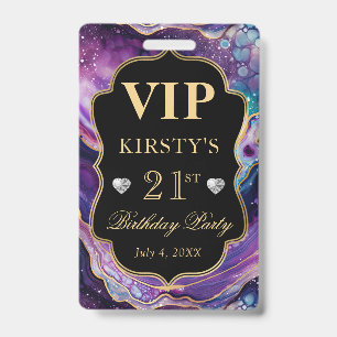 Purple Gold Celestial Glitter Agate Birthday VIP ID Badge
