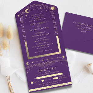 Purple Gold Celestial Sun Moon Stars Wedding All In One Invitation
