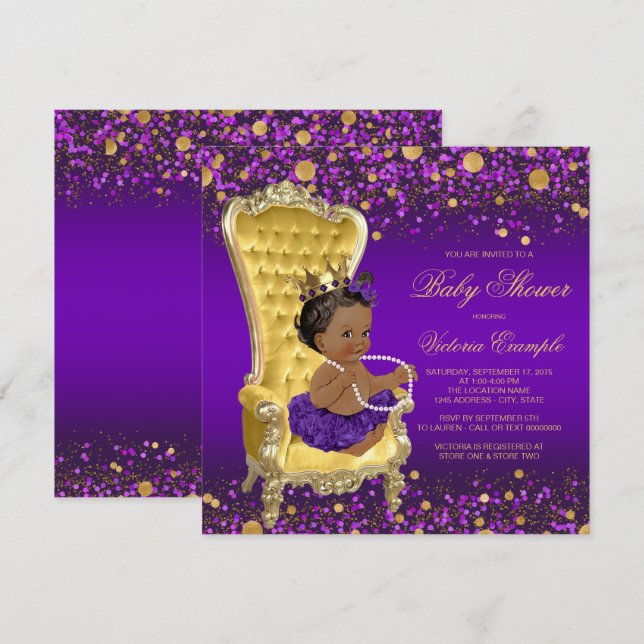 Purple Gold Chair Ethnic Princess Baby Shower Invitation (Front/Back)