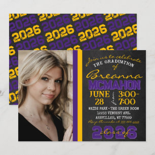 Purple & Gold Chalkboard Graduation Photo Invitation