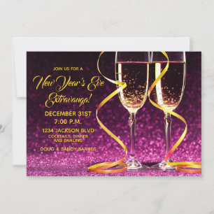 Purple Gold Champagne Glasses New Year's Eve Party Invitation