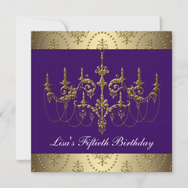 Purple Gold Chandelier Womans 50th Birthday Invitation (Front)