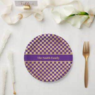 Purple Gold Checkered Paper Plate