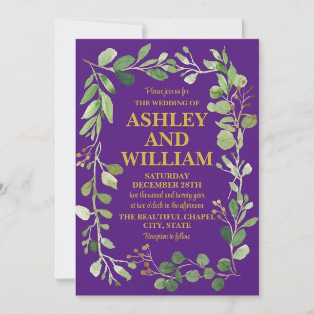 Purple & Gold Chic Greenery Boho Bohemian Wedding Invitation (Front)