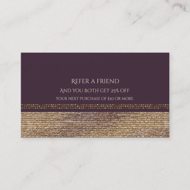 Purple Gold Chic Sparkling Glam Refer a Friend Referral Card (Front)