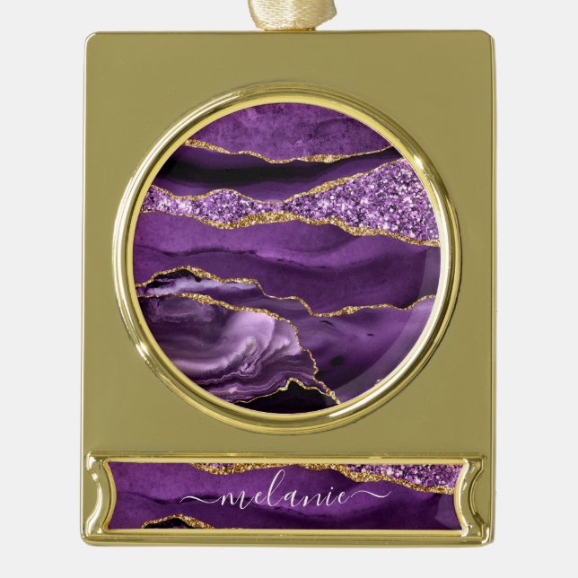 Purple Gold Christmas Ornament with Custom Name (Front)