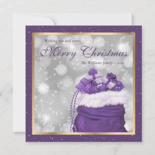 Purple Gold Christmas Presents Stars Holiday Card