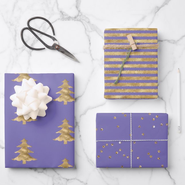 Purple Gold Christmas Tree Stripes Sparkle     Wrapping Paper Sheet (Front)