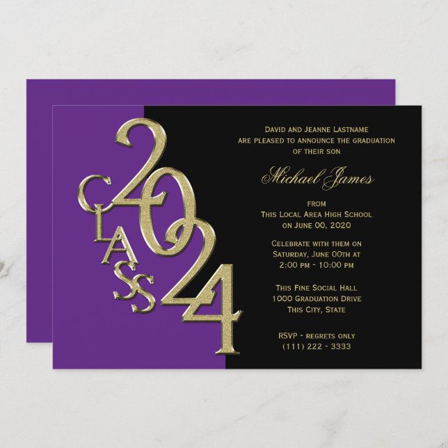 Purple Gold Class of 2024 Grad with Colour Option Invitation (Front/Back)
