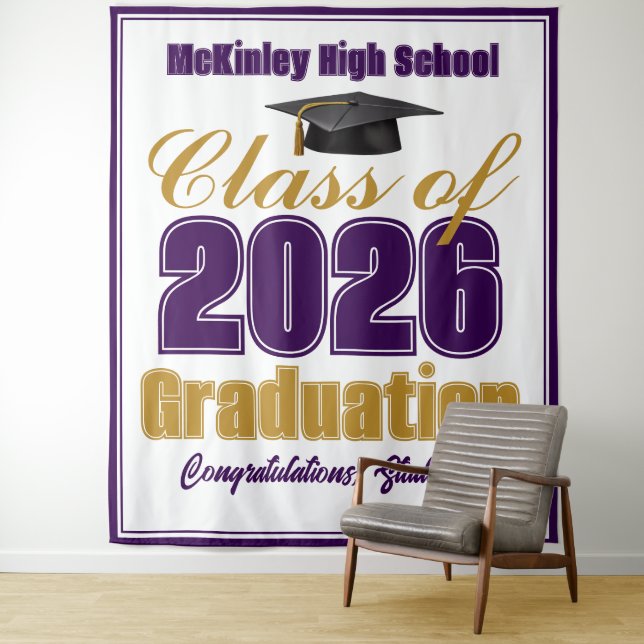 Purple Gold Class of 2026 Graduation Photo Booth Tapestry (In Situ)