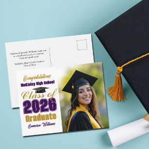 Purple Gold Class of 2026 Photo Graduation Announcement Postcard