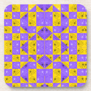 Purple gold Classic Ckeckerboard and flowers Coaster