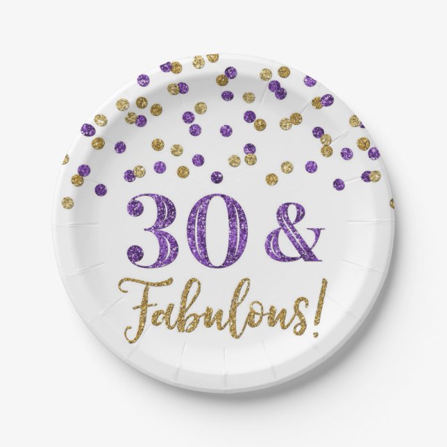 Purple Gold Confetti 30 and Fabulous Paper Plate (Front)