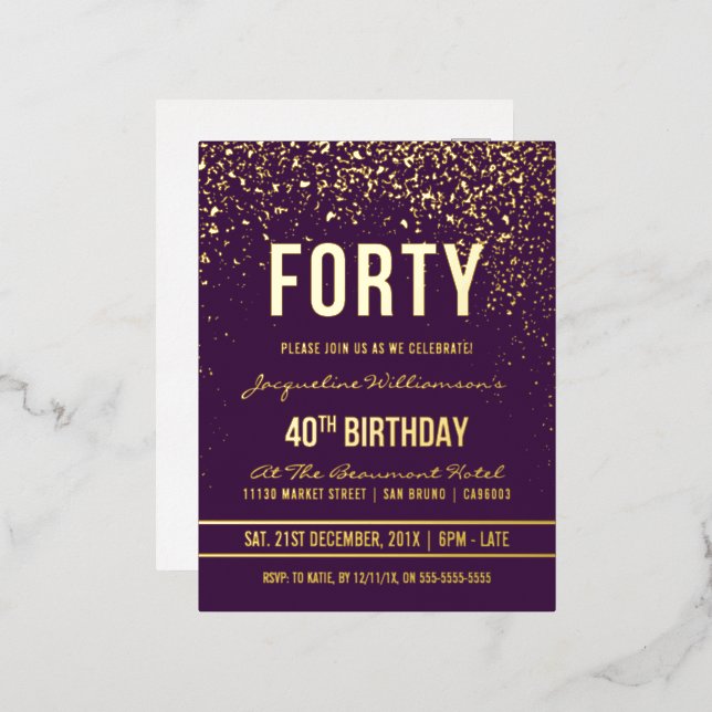Purple | Gold Confetti 40th Birthday Party Foil Invitation Postcard (Front/Back)