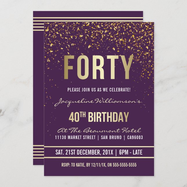 Purple | Gold Confetti 40th Birthday Party Invitation (Front/Back)