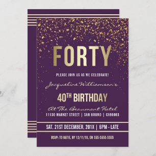 Purple   Gold Confetti 40th Birthday Party Invitation