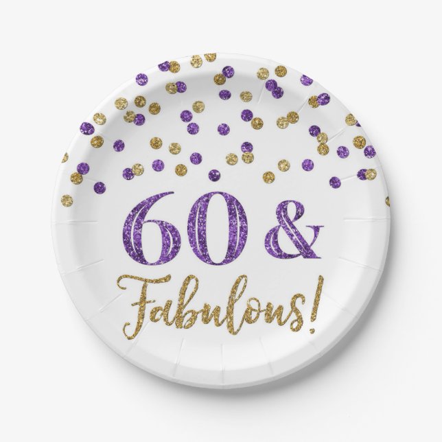 Purple Gold Confetti 60 and Fabulous Paper Plate (Front)