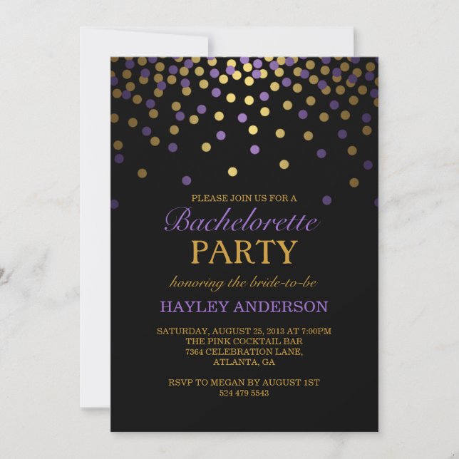 Purple & Gold Confetti Bachelorette Invitation (Front)