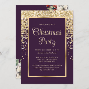 Purple Gold Confetti Botanical Christmas Party Invitation