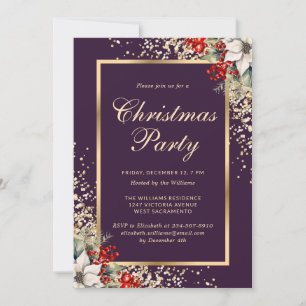 Purple Gold Confetti Botanical Christmas Party Invitation