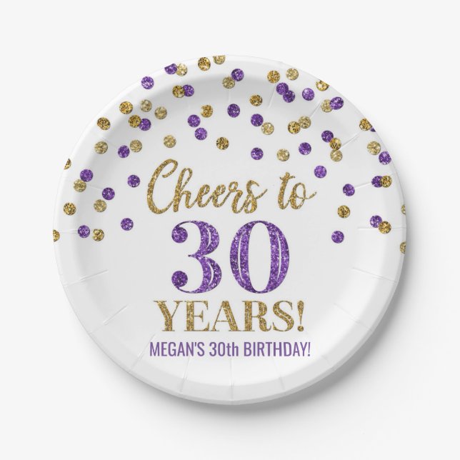 Purple Gold Confetti Cheers to 30 Years Birthday Paper Plate (Front)