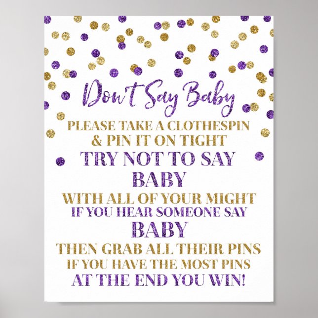 Purple Gold Confetti Don't Say Baby Game Sign (Front)