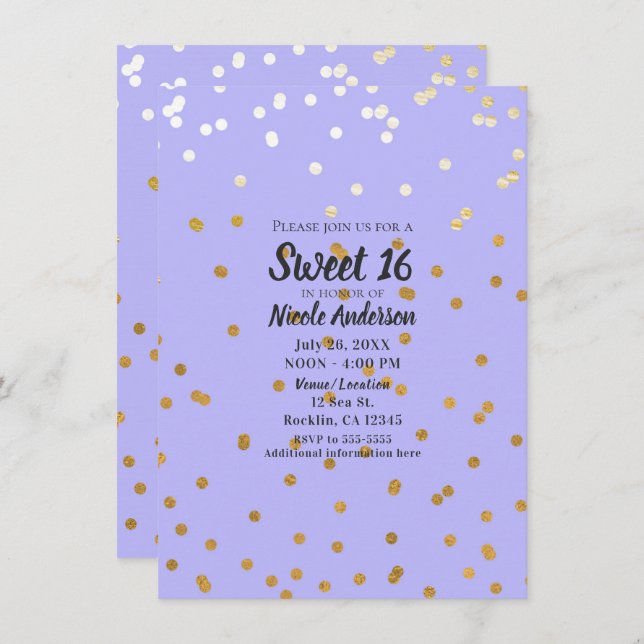 Purple & Gold Confetti Dots Modern Glamour Glam Invitation (Front/Back)