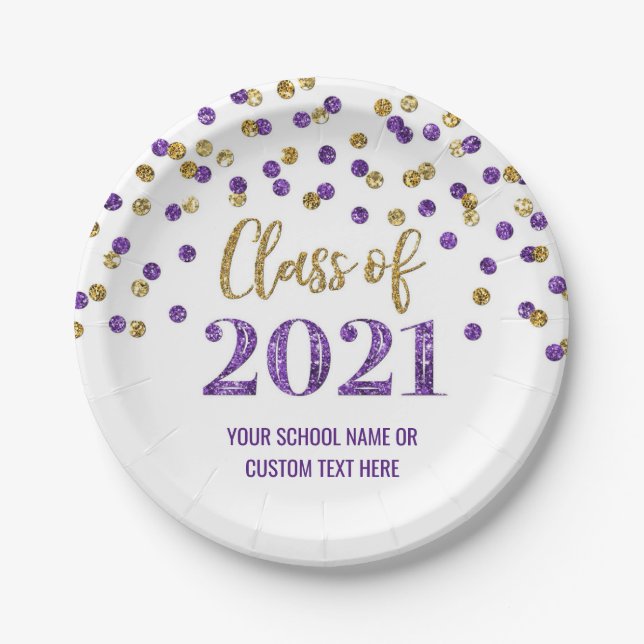 Purple Gold Confetti Graduation 2021 Paper Plate (Front)