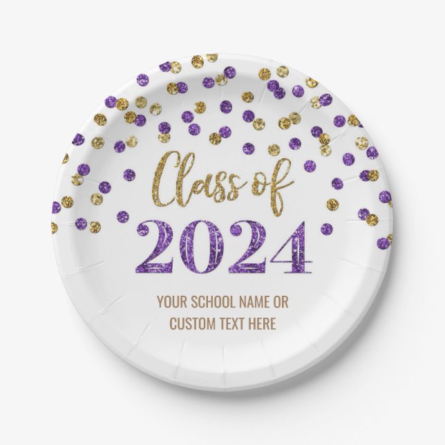 Purple Gold Confetti Graduation 2024 Paper Plate (Front)