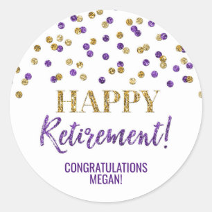 Purple Gold Confetti Happy Retirement Classic Round Sticker