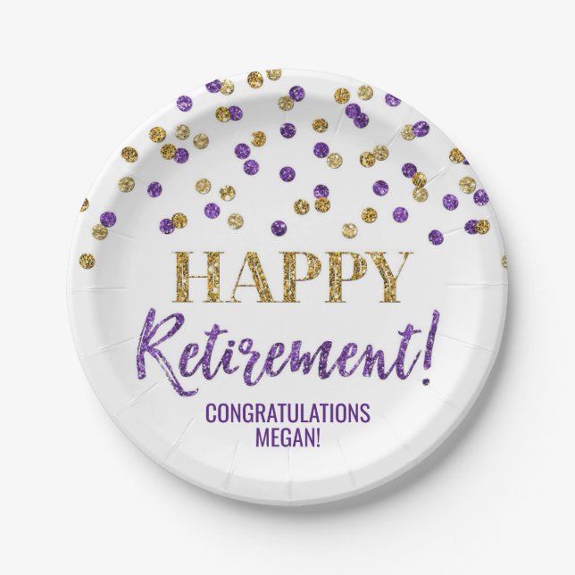Purple Gold Confetti Happy Retirement Paper Plate (Front)