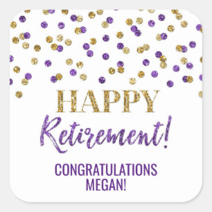 Purple Gold Confetti Happy Retirement Square Sticker