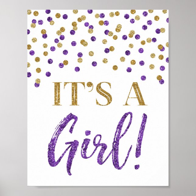 Purple Gold Confetti It's a Girl Baby Shower Sign (Front)