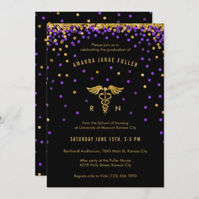 Purple & Gold Confetti Nurse Graduation Invitation (Front/Back)