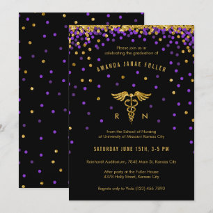 Purple & Gold Confetti Nurse Graduation Invitation