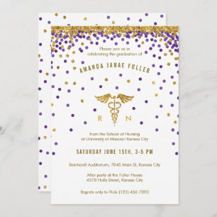 Purple & Gold Confetti Nurse Graduation Invitation