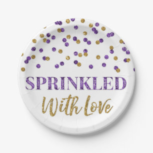 Purple Gold Confetti Sprinkled with Love Paper Plate