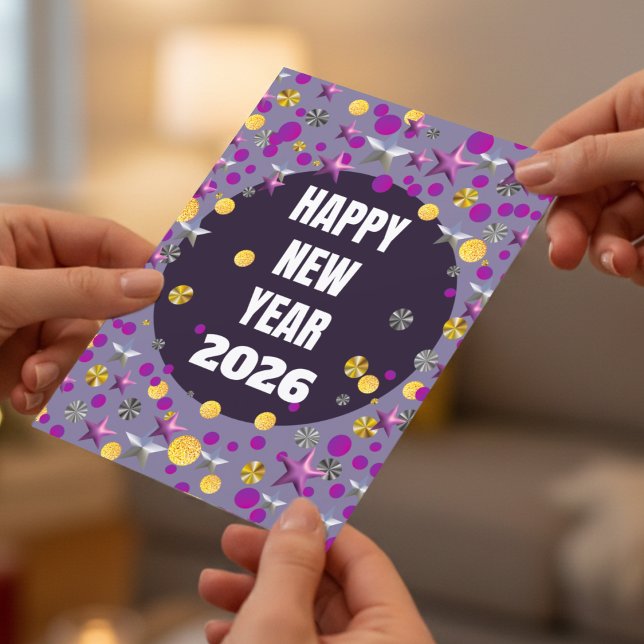 Purple Gold Confetti Stars New Years Card (Fun colorful new year card that is fully customizable and looks good too.)
