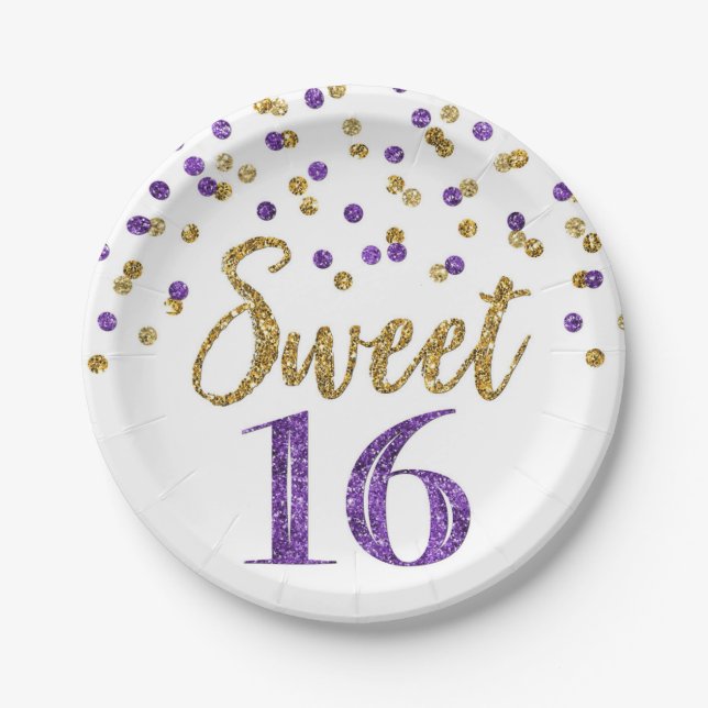 Purple Gold Confetti Sweet 16 Birthday Party Paper Plate (Front)