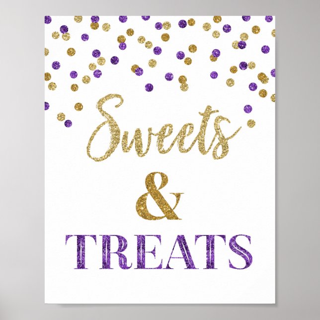 Purple Gold Confetti Sweets & Treats Dessert Table Poster (Front)