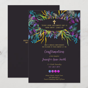 Purple Gold Confirmation Invite Floral Leaves
