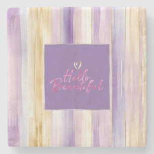 Purple Gold Cream Stripes Pink Hello   Stone Coaster