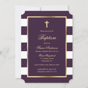 Purple Gold Cross Frame Elegant Boy Baptism Invitation